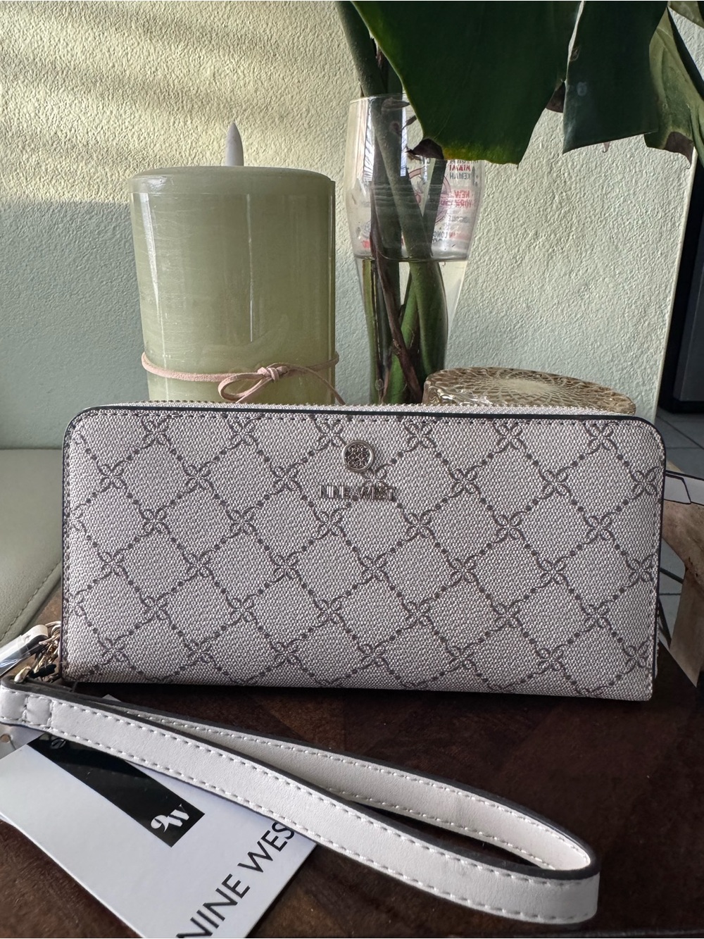 Nine West White Patterned Zip Wristlet Wallet with Strap